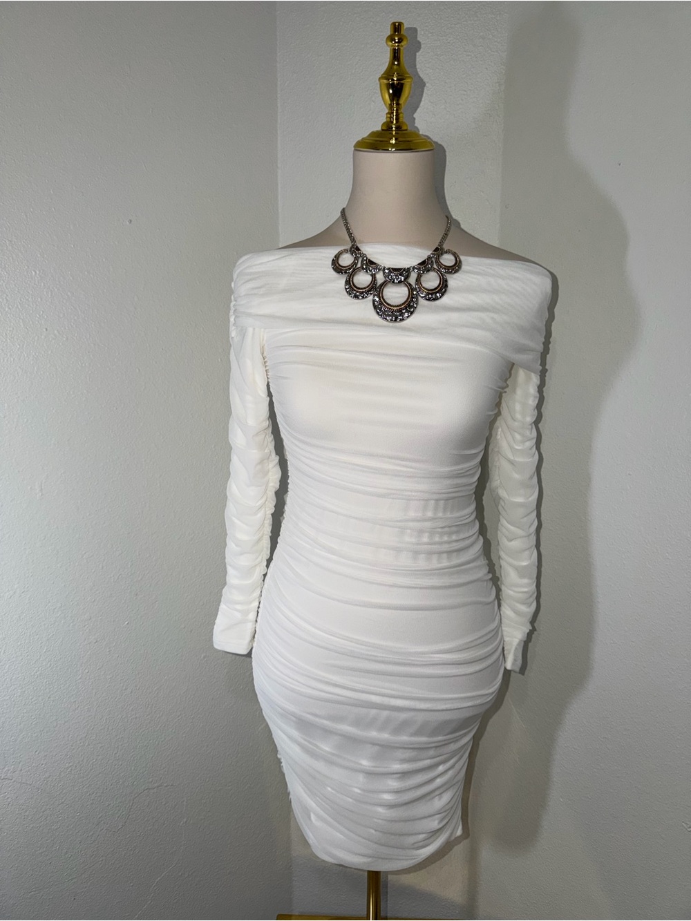 White Long-Sleeve Ruched Bodycon Dress